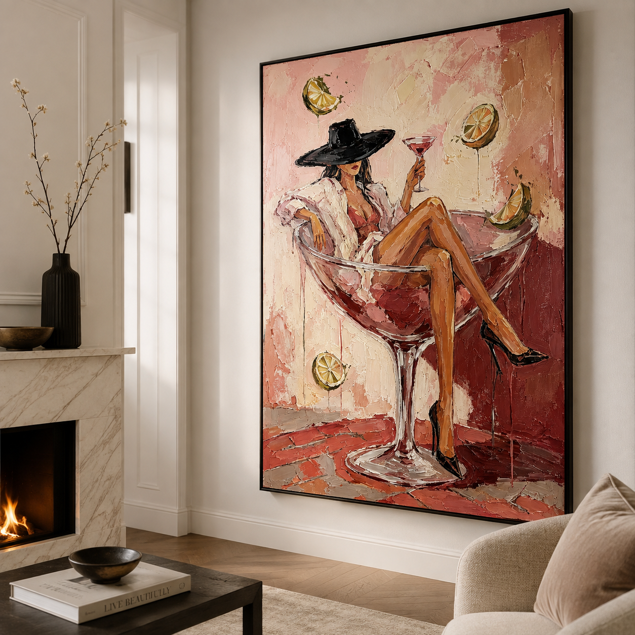 Hand-painted martini glass wall art for dining room and home bar