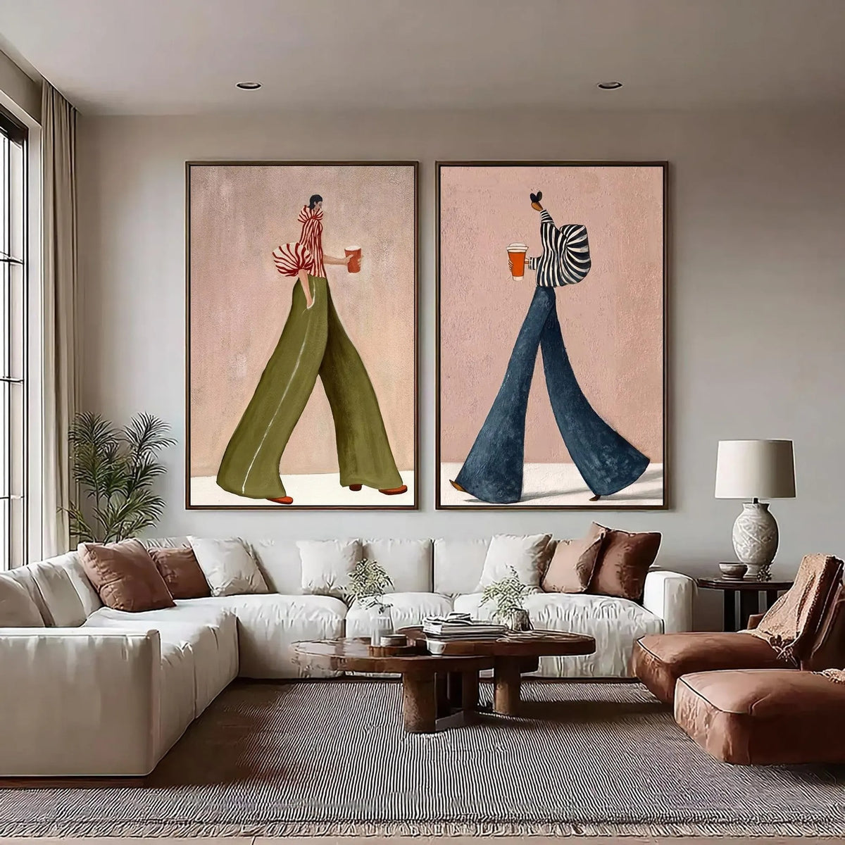A two-panel set of walking figures carrying coffee cups, with striped shirts and wide green and blue trousers against dusty pink backgrounds, shown in room setting 1.
