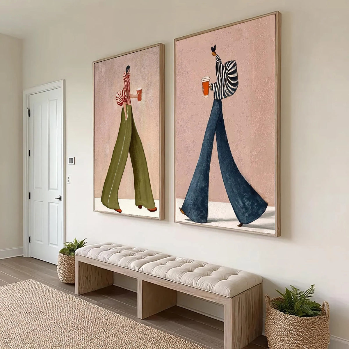 A two-panel set of walking figures carrying coffee cups, with striped shirts and wide green and blue trousers against dusty pink backgrounds, shown in room setting 3.