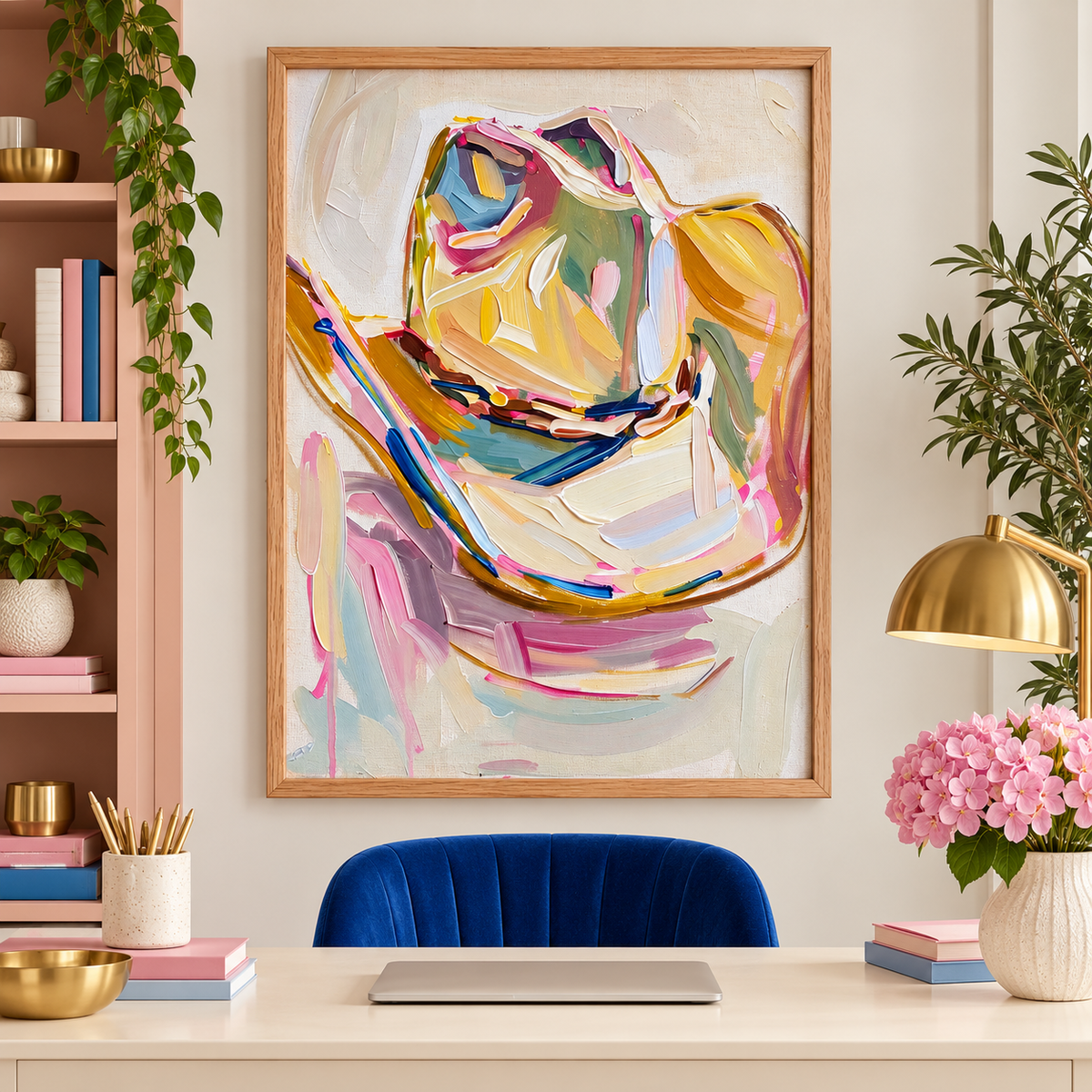 A single cowboy hat with a curled brim and a dark hatband depicted in broad pink, yellow, blue, green and cream strokes on a pale background, shown in room setting 3.