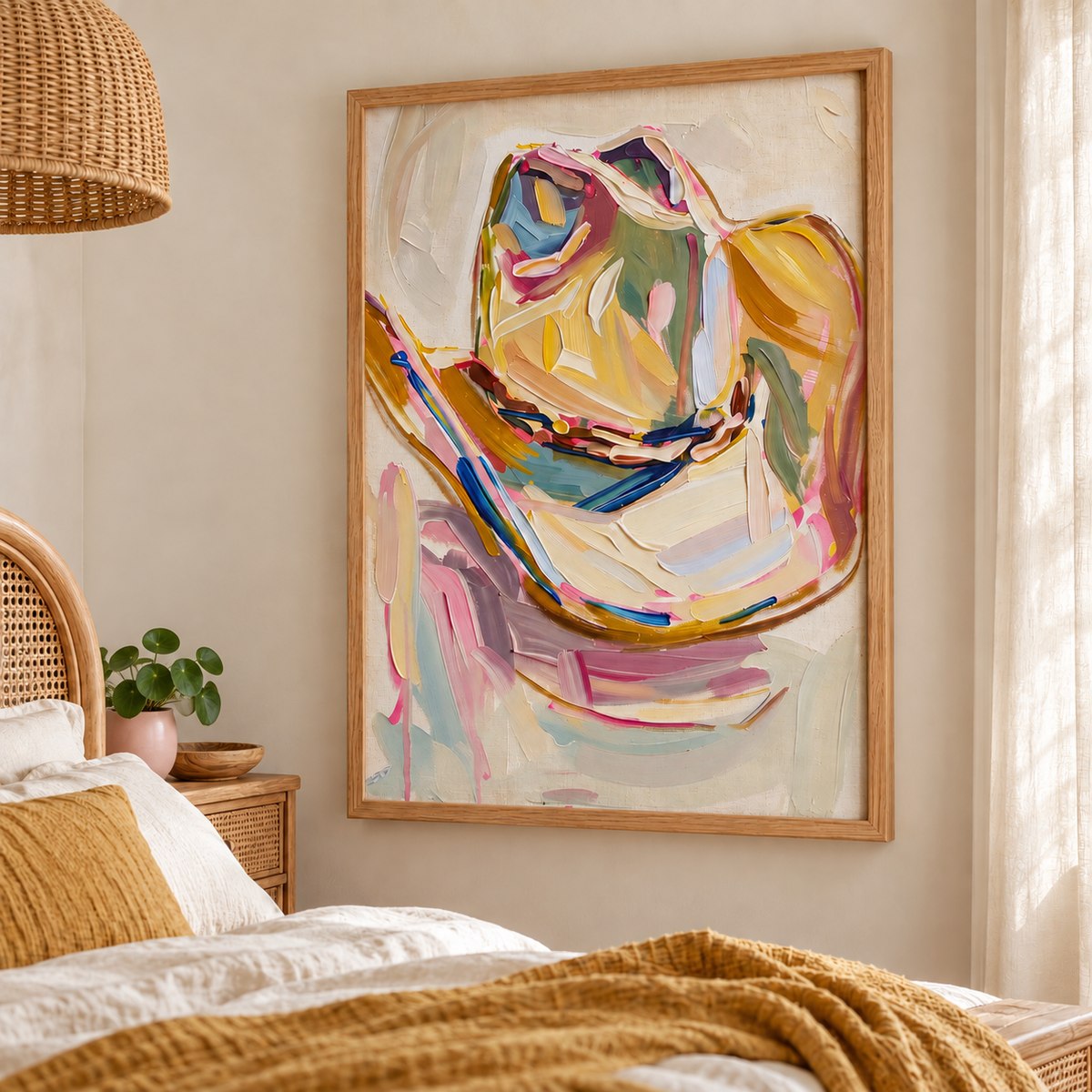 A single cowboy hat with a curled brim and a dark hatband depicted in broad pink, yellow, blue, green and cream strokes on a pale background, shown in room setting 4.