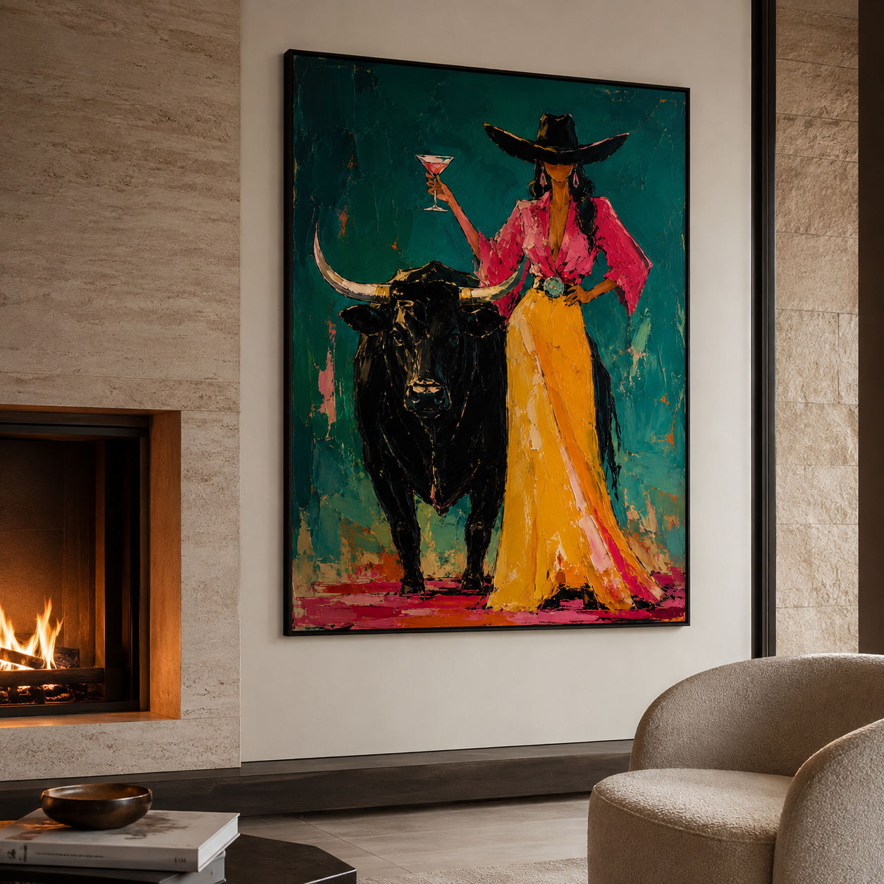Hand-painted Western woman and longhorn artwork