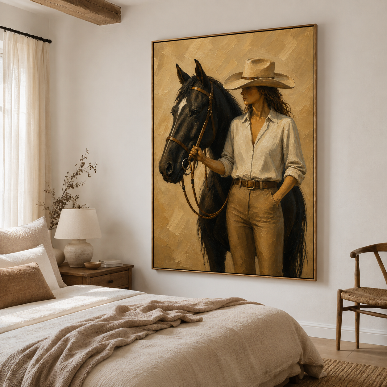 Western cowgirl and black horse painting in warm neutral tones
