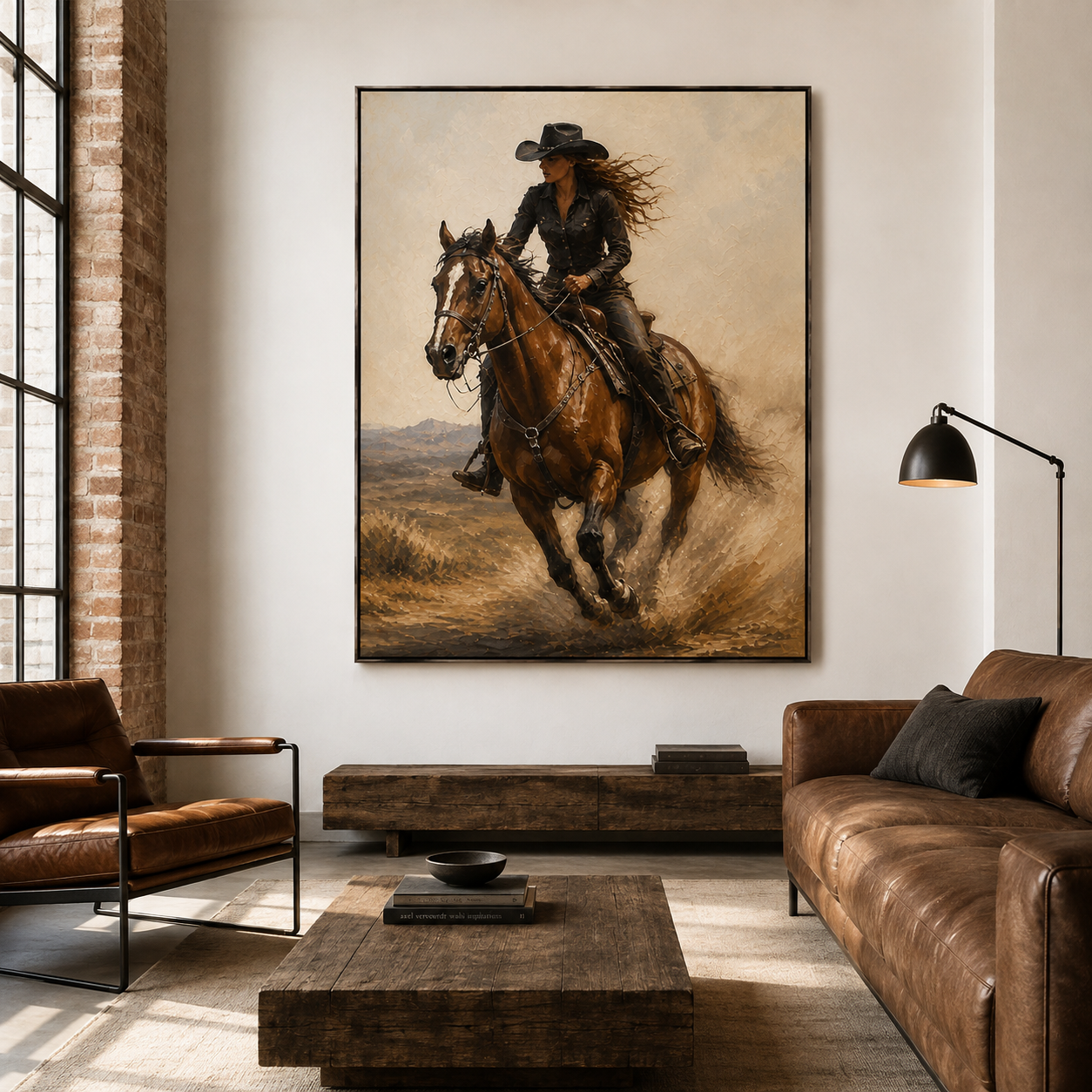 Cowgirl horse wall art featuring a Western woman riding a brown horse