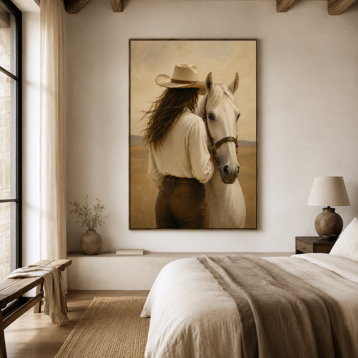 Western cowgirl and white horse painting in warm neutral colors