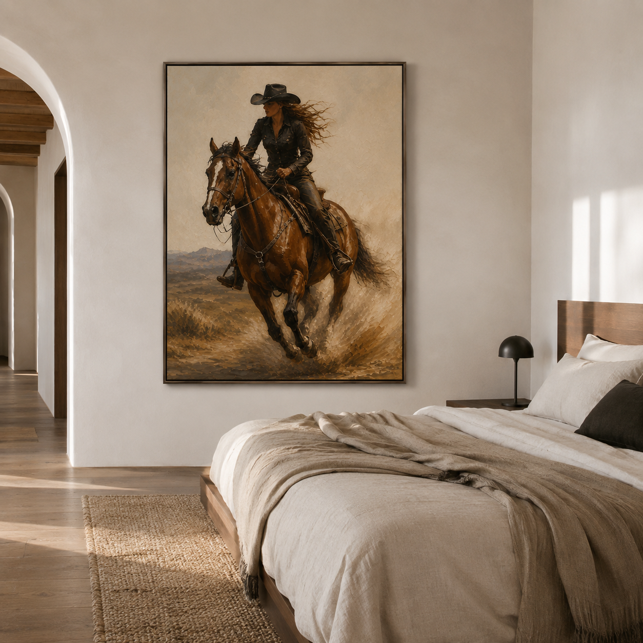 Western cowgirl riding horse painting in warm neutral earth tones