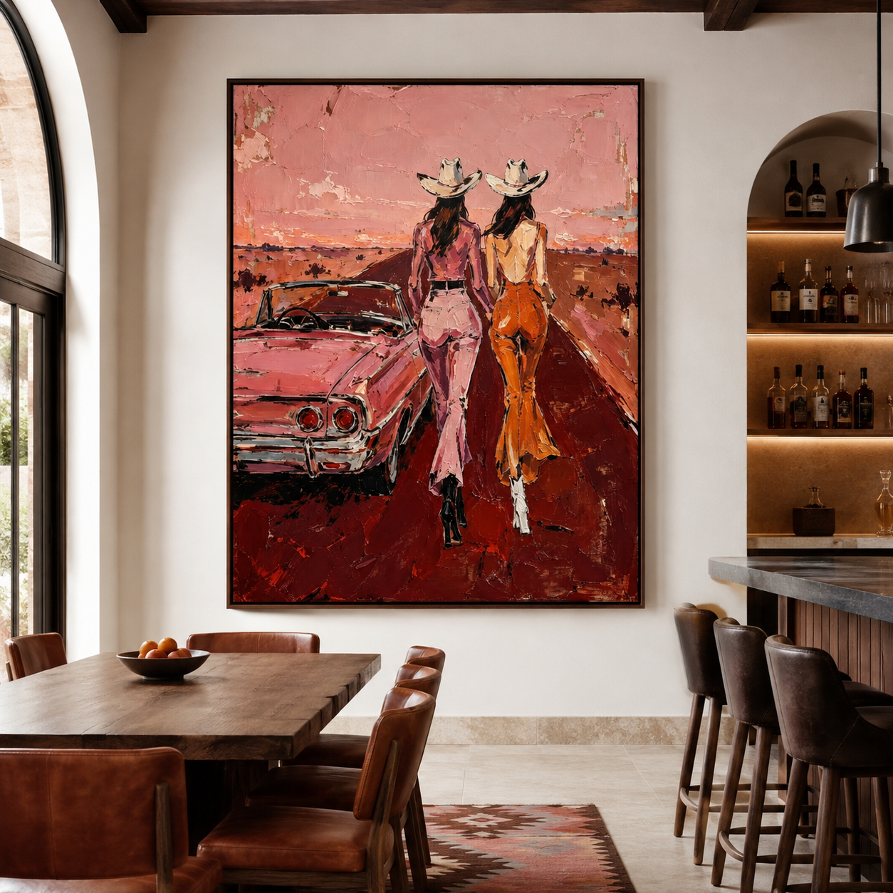 Colorful cowgirl wall art with pink Western desert landscape