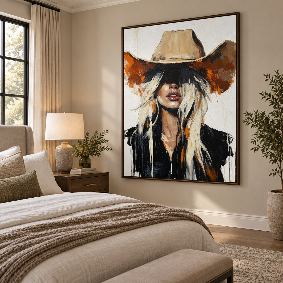Blonde cowgirl in a wide tan hat and black jacket against a white background, shown from an angle in a bedroom.