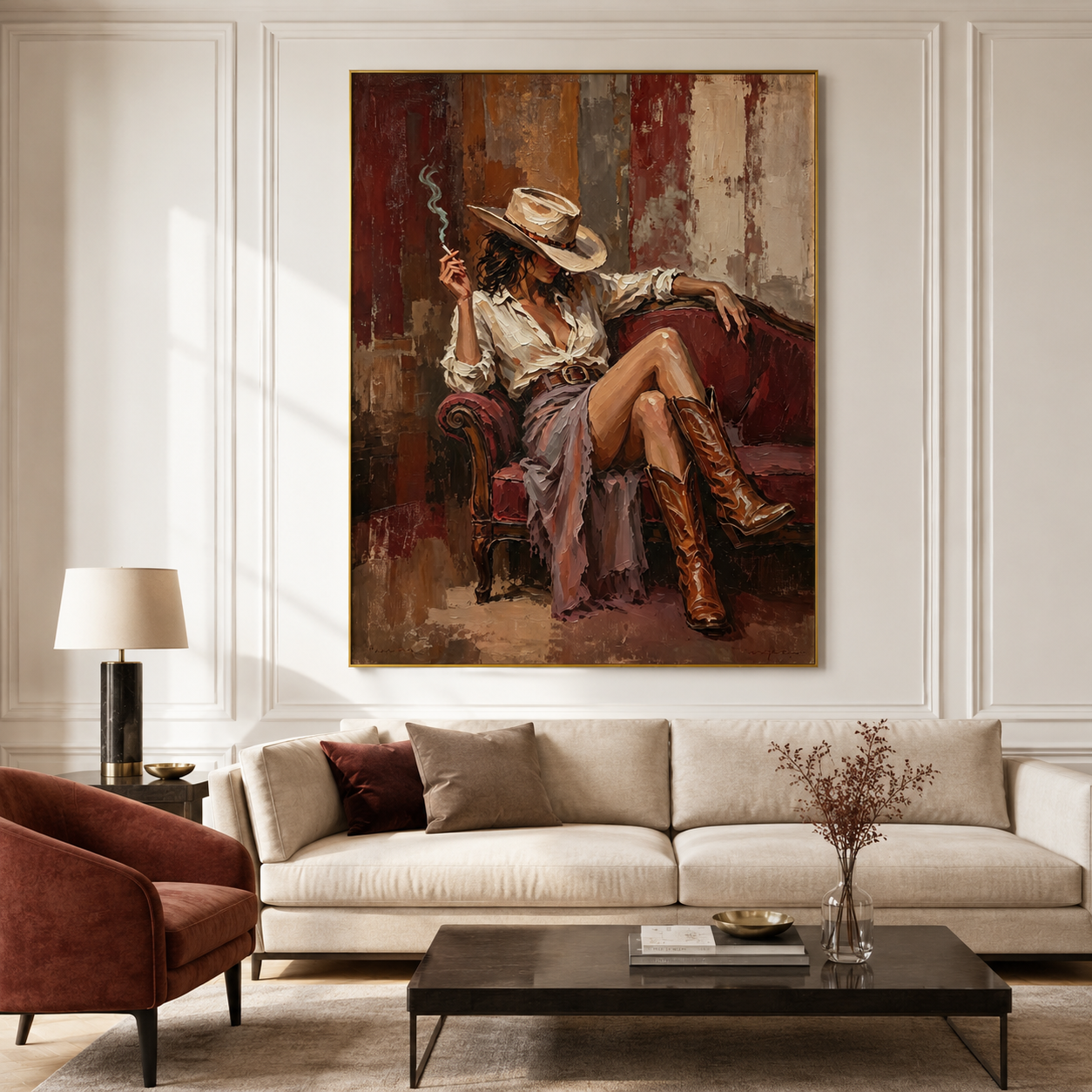 Cowgirl wall art featuring a Western woman in a cowboy hat and boots