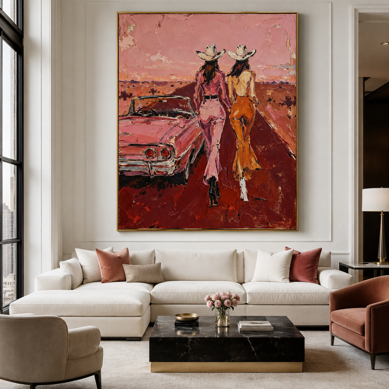 Cowgirl wall art featuring two Western women and a vintage convertible