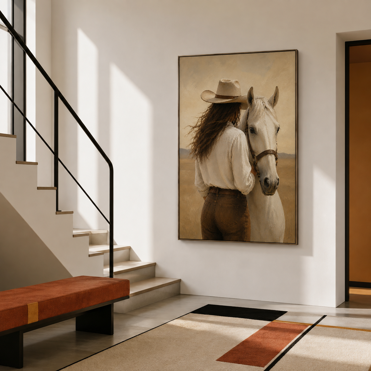Western equestrian wall art featuring a cowgirl and white horse