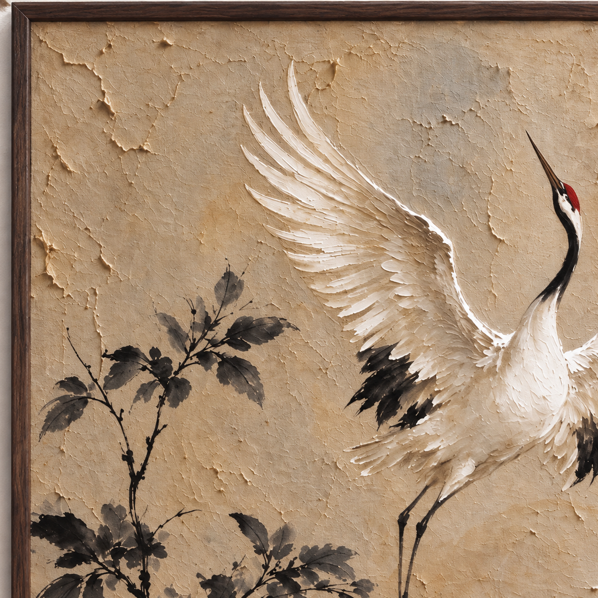 Two white cranes with dark wing tips and red crowns rising beside a dark leafy branch on a beige background, close-up of the painted composition.