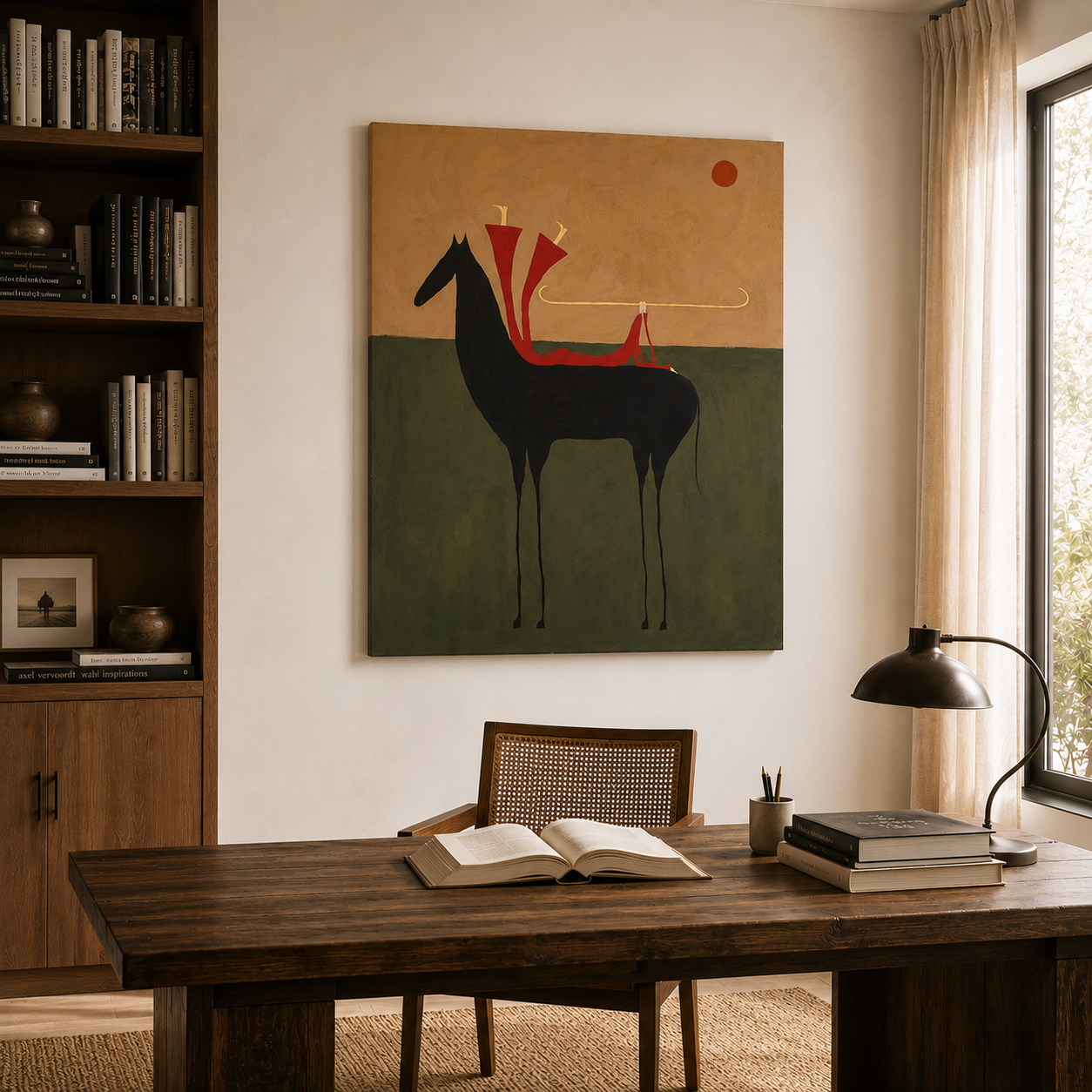 Crimson Saddle | Hand-Painted Minimalist Horse Wall Art | Contemporary Western Equestrian Oil Painting