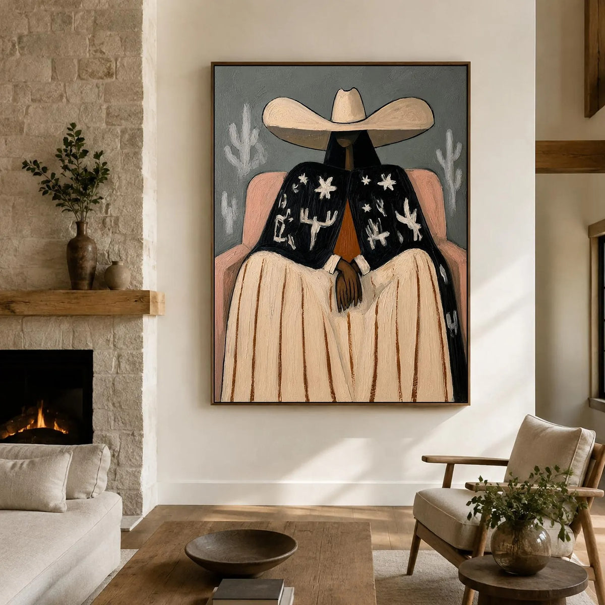 A seated cowgirl in a broad cream hat, pale skirt and black jacket patterned with white desert motifs against a gray background, shown in room setting 6.