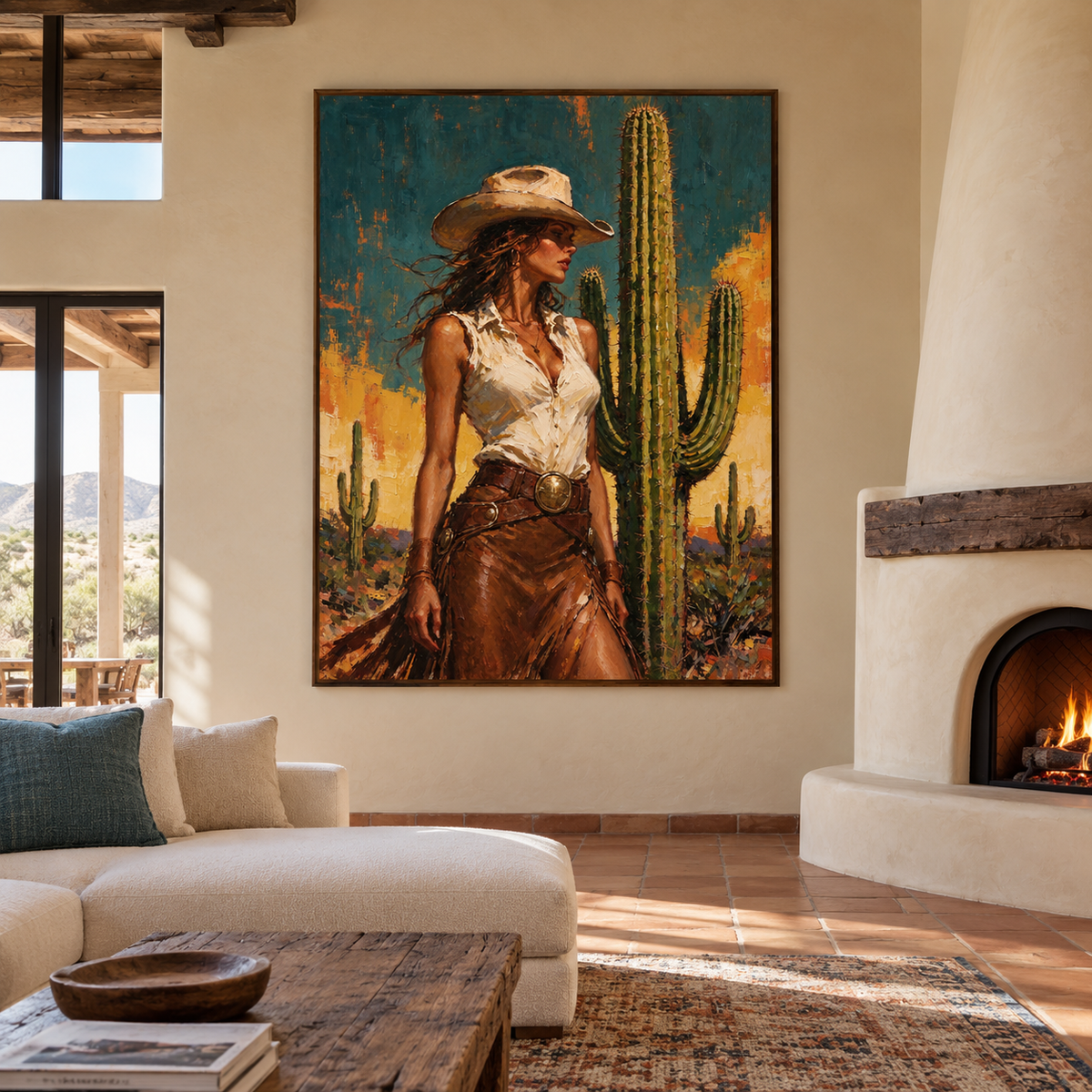 A cowgirl in a tan hat, sleeveless white blouse and fringed brown outfit standing beside tall green cacti against a teal and ochre desert background, shown in room setting 1.