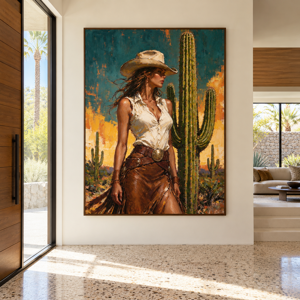A cowgirl in a tan hat, sleeveless white blouse and fringed brown outfit standing beside tall green cacti against a teal and ochre desert background, shown in room setting 2.