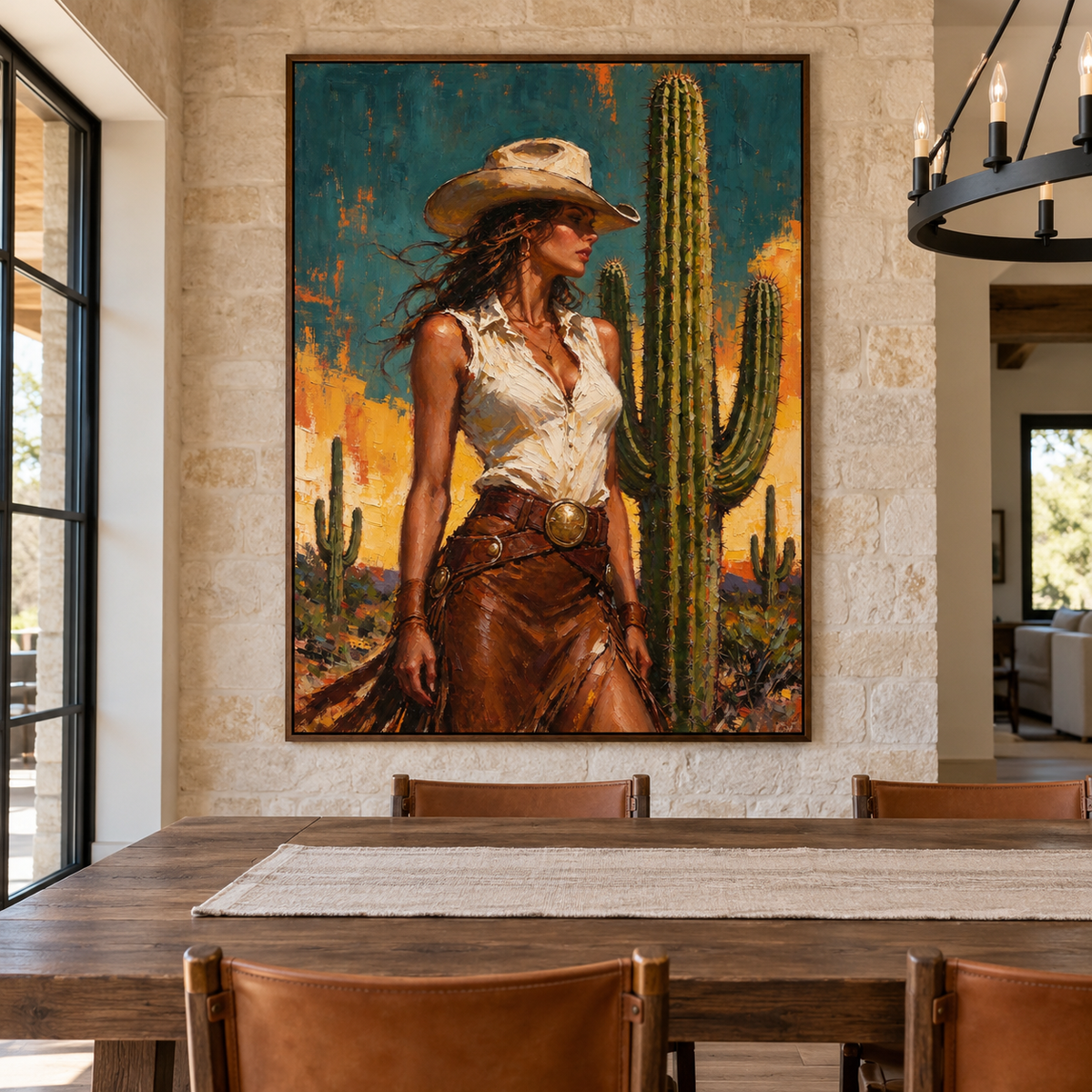 A cowgirl in a tan hat, sleeveless white blouse and fringed brown outfit standing beside tall green cacti against a teal and ochre desert background, shown in room setting 3.
