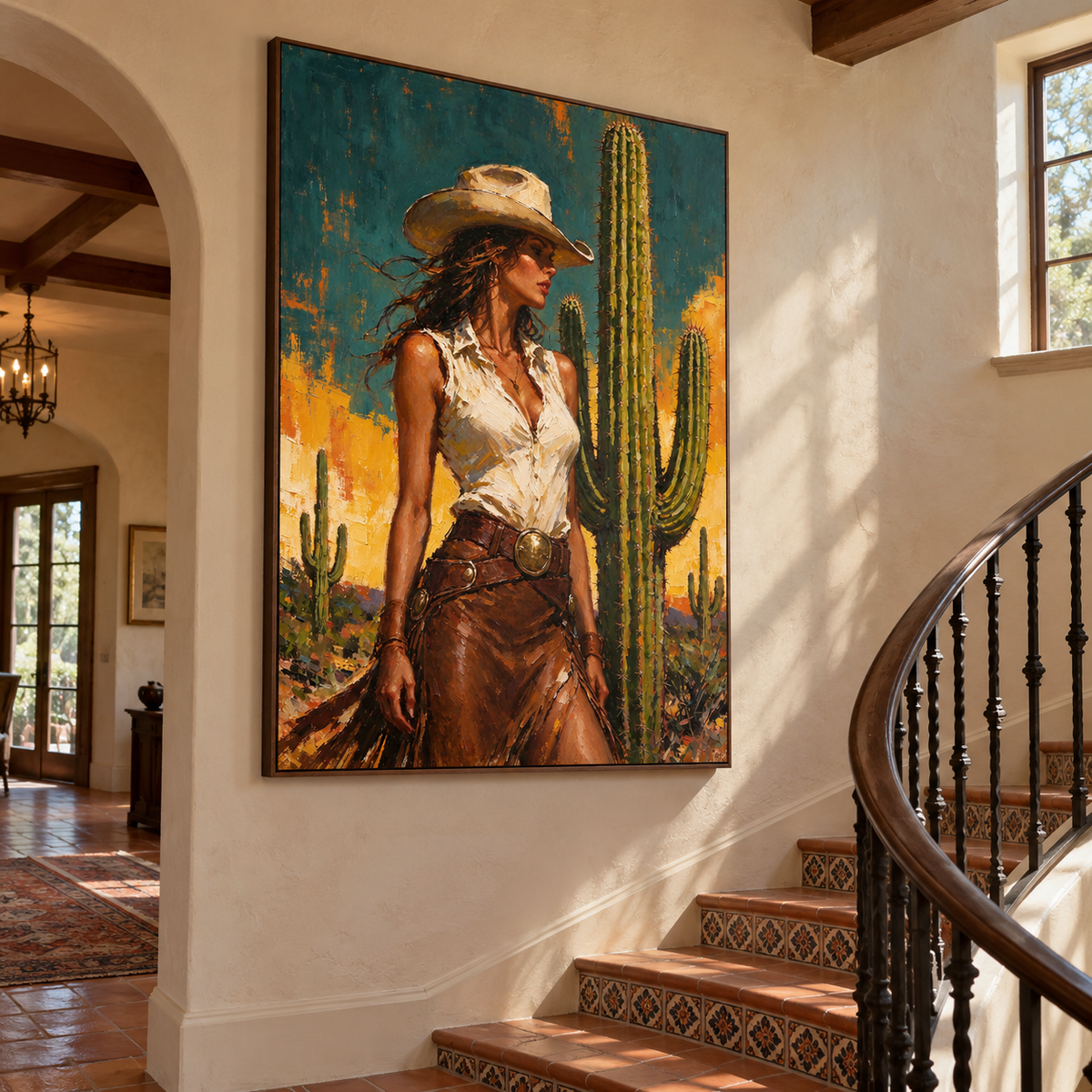 A cowgirl in a tan hat, sleeveless white blouse and fringed brown outfit standing beside tall green cacti against a teal and ochre desert background, shown in room setting 4.