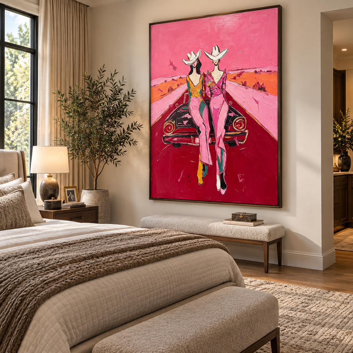 Two cowgirls in white hats and pink trousers beside a dark vintage car on a red desert road, shown from an angle in a bedroom.