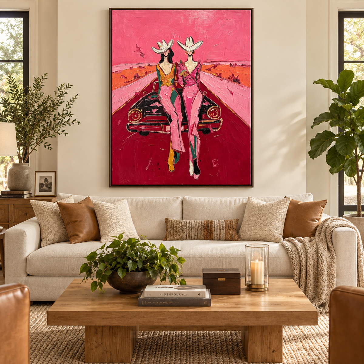Two cowgirls in white hats and pink trousers beside a dark vintage car on a red desert road, in a living room.