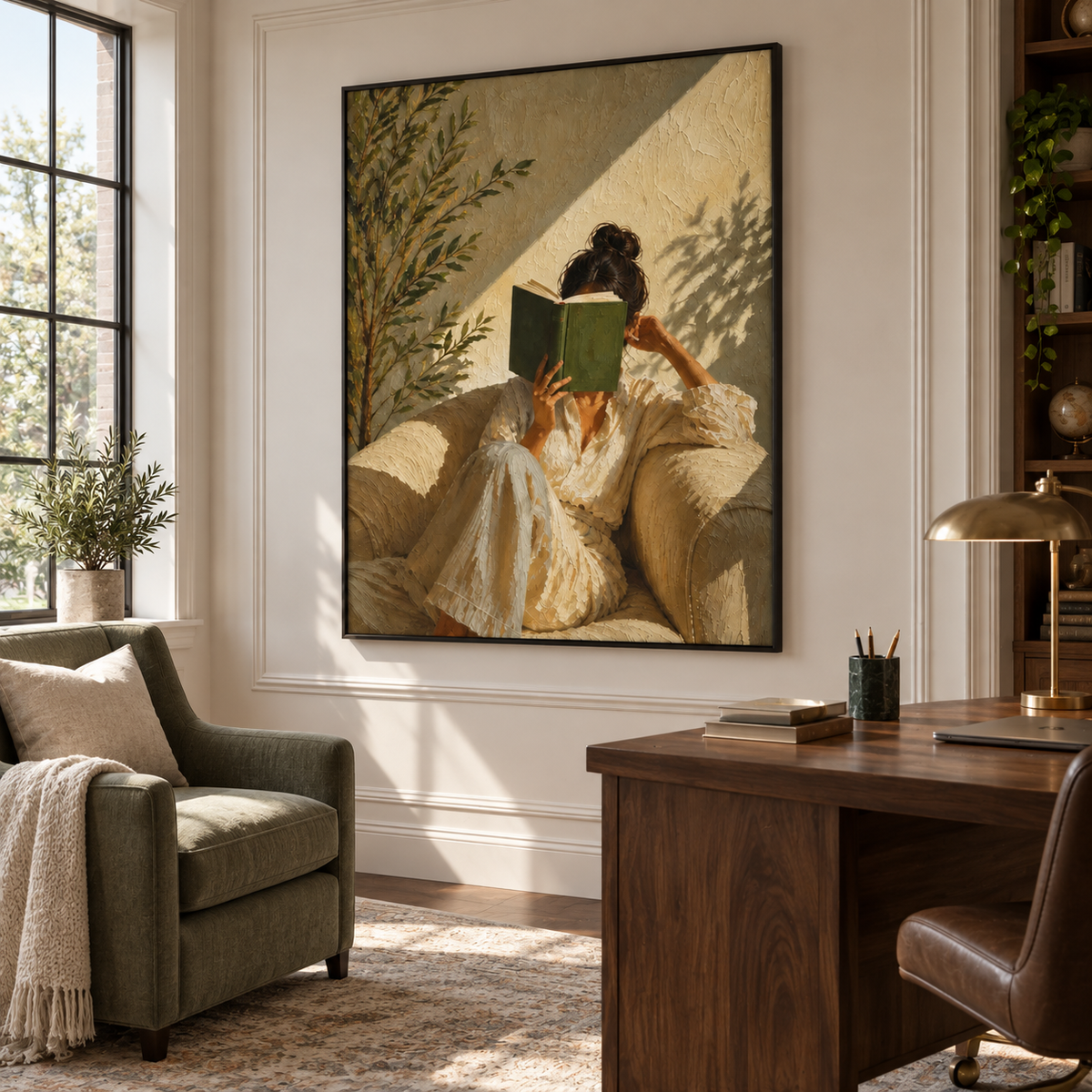 A woman in cream clothing curled in an armchair with a green book covering her face, beside leafy branches and a diagonal band of sunlight, shown in room setting 5.