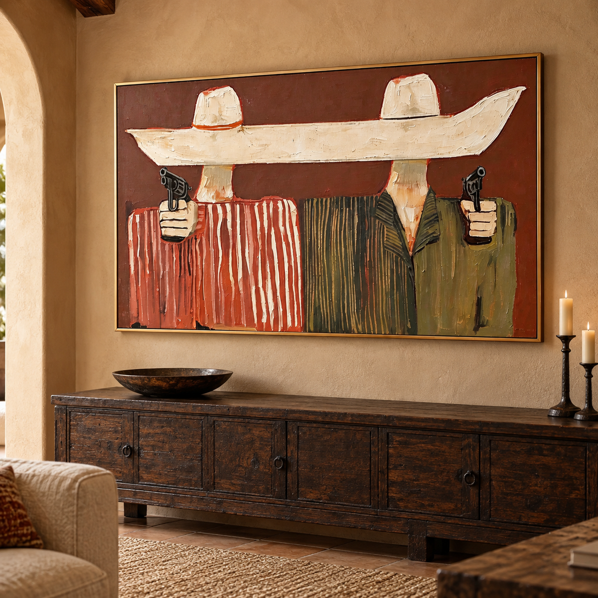 Two faceless cowboys in red-striped and olive-green jackets holding black revolvers toward the viewer beneath an exaggerated continuous cream hat brim on a rust-red background, shown in room setting 4.
