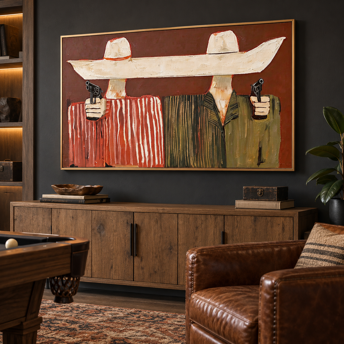 Two faceless cowboys in red-striped and olive-green jackets holding black revolvers toward the viewer beneath an exaggerated continuous cream hat brim on a rust-red background, shown in room setting 5.