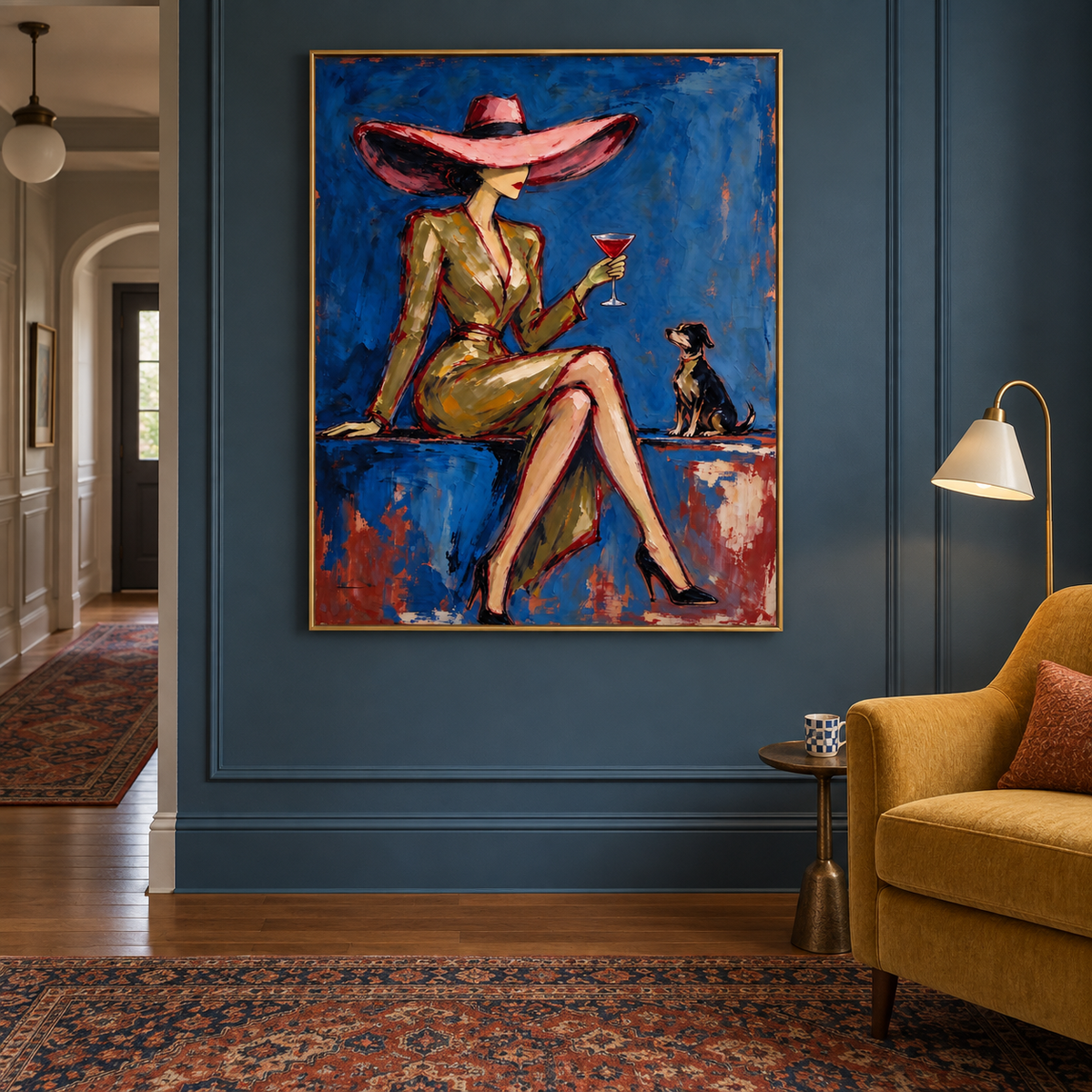 A seated woman in an oversized pink hat holding a red cocktail beside a small dark dog against a rich blue background, shown in a midcentury reading corner.