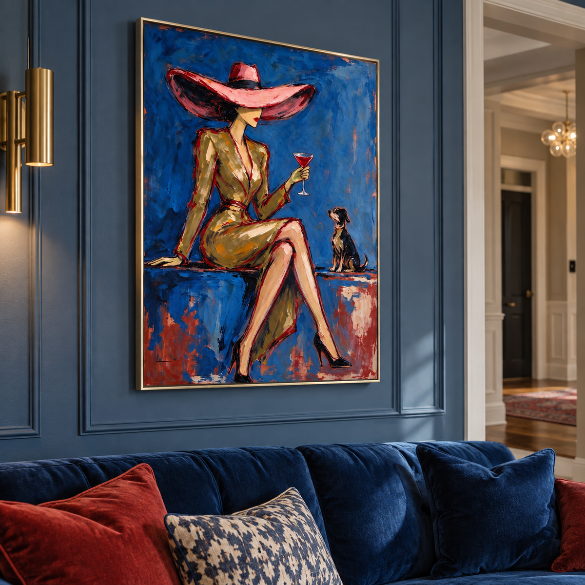 A seated woman in an oversized pink hat holding a red cocktail beside a small dark dog against a rich blue background, shown from an angle in the room.