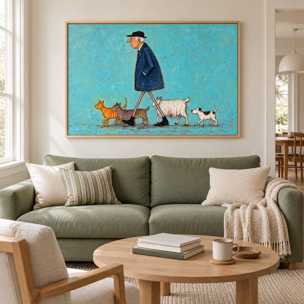 A silver-haired man in a navy coat and black hat walking with two tabby cats, a shaggy white goat and a small black-and-white dog on a turquoise background, shown in room setting 1.