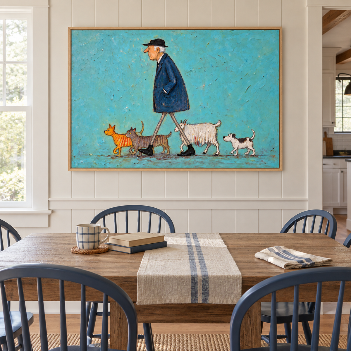 A silver-haired man in a navy coat and black hat walking with two tabby cats, a shaggy white goat and a small black-and-white dog on a turquoise background, shown in room setting 2.