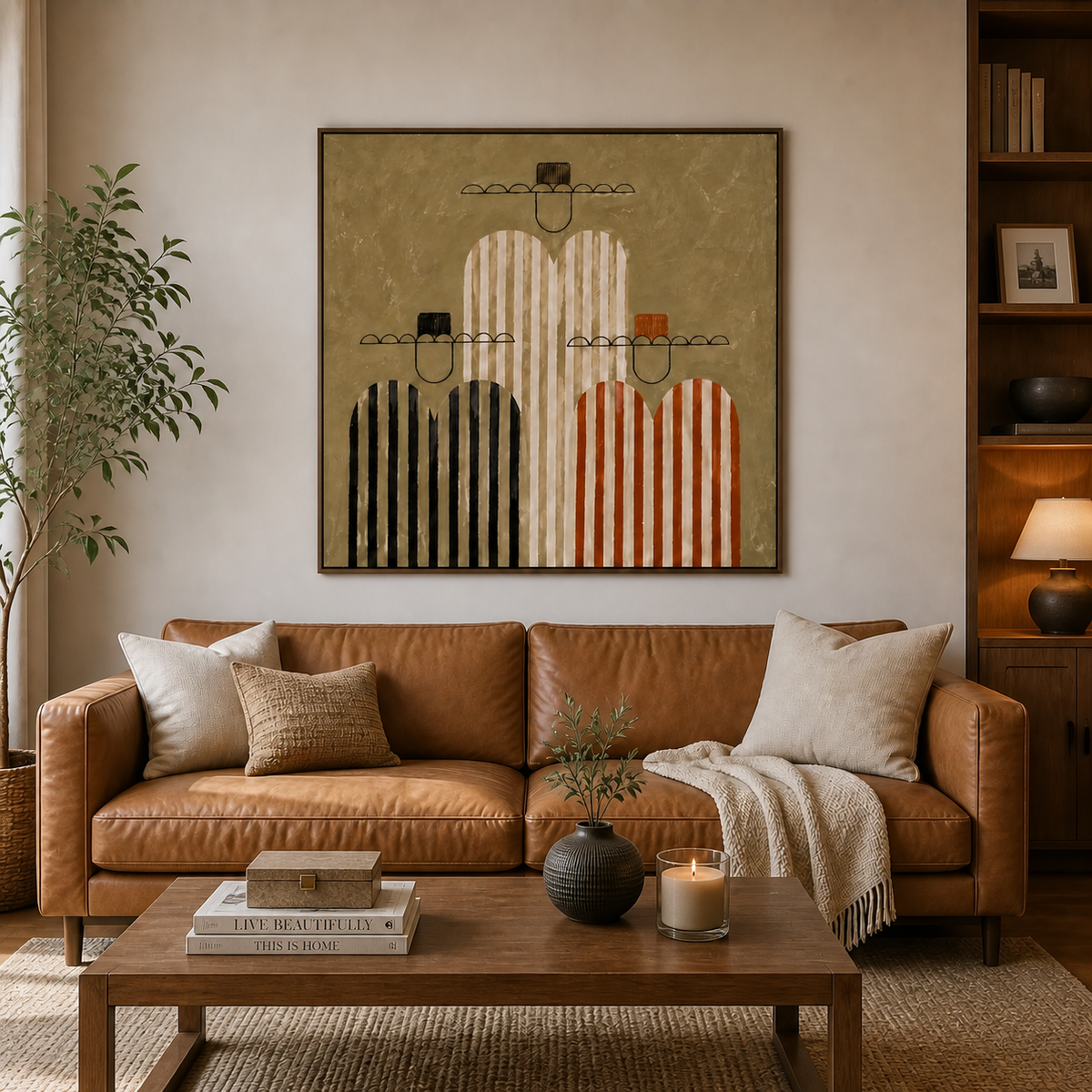 Three-cowboy wall art with striped black, cream and rust figures displayed above a wooden entryway console.