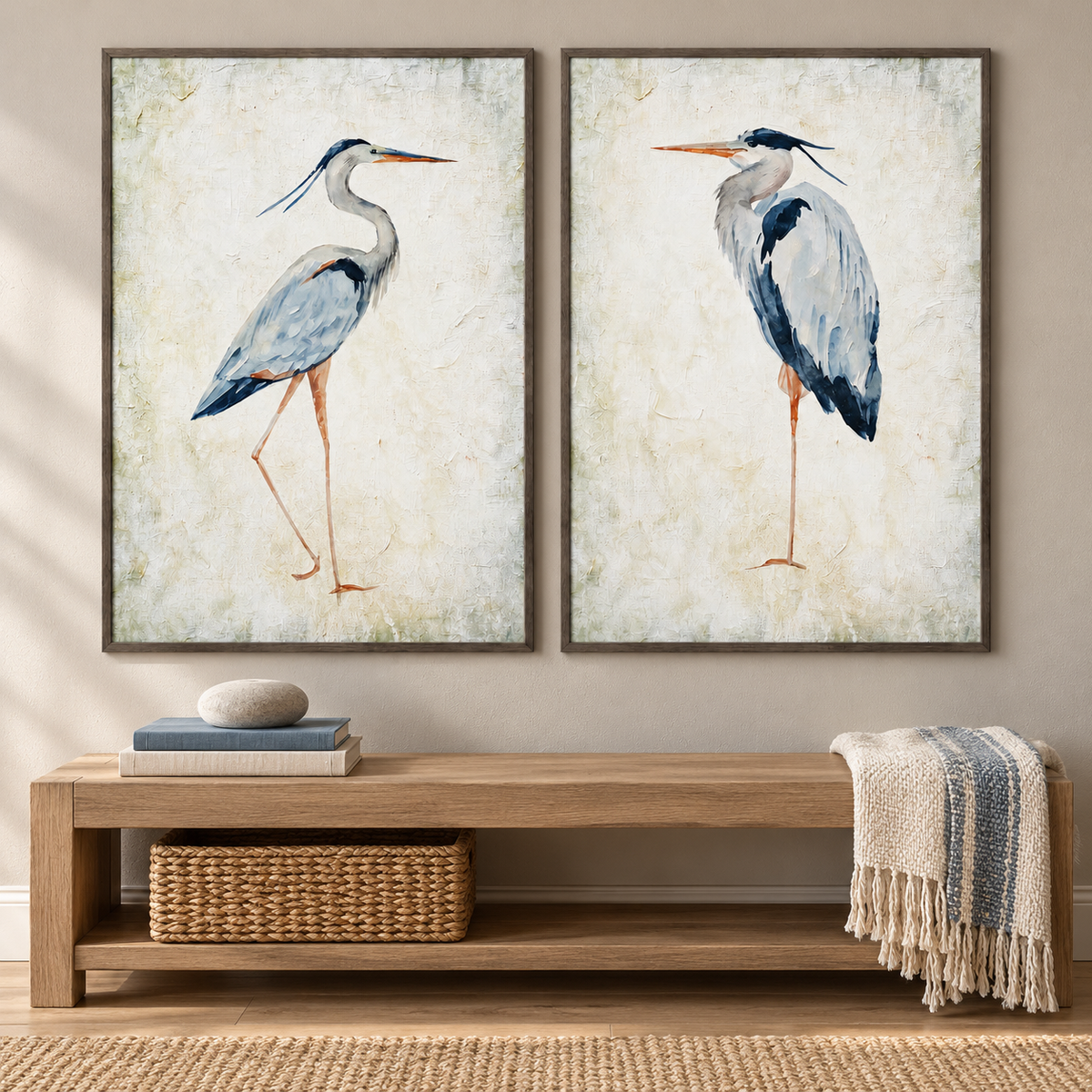 A two-panel blue heron wall art set with one long-legged heron on each pale ivory panel, the birds facing inward with blue-gray feathers and orange bills, shown in room setting 3.