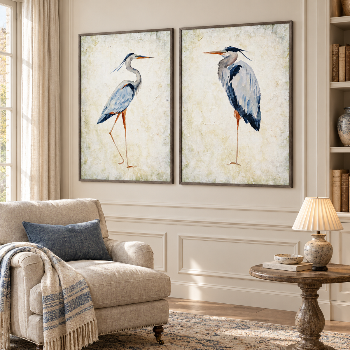 A two-panel blue heron wall art set with one long-legged heron on each pale ivory panel, the birds facing inward with blue-gray feathers and orange bills, shown in room setting 5.