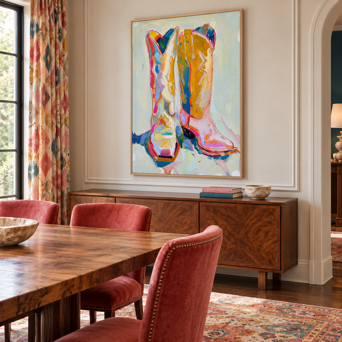 A pair of cowboy boots, one facing forward and one angled to the side, in broad yellow, pink, blue and cream strokes against a pale mint background, shown from an angle in a dining room.