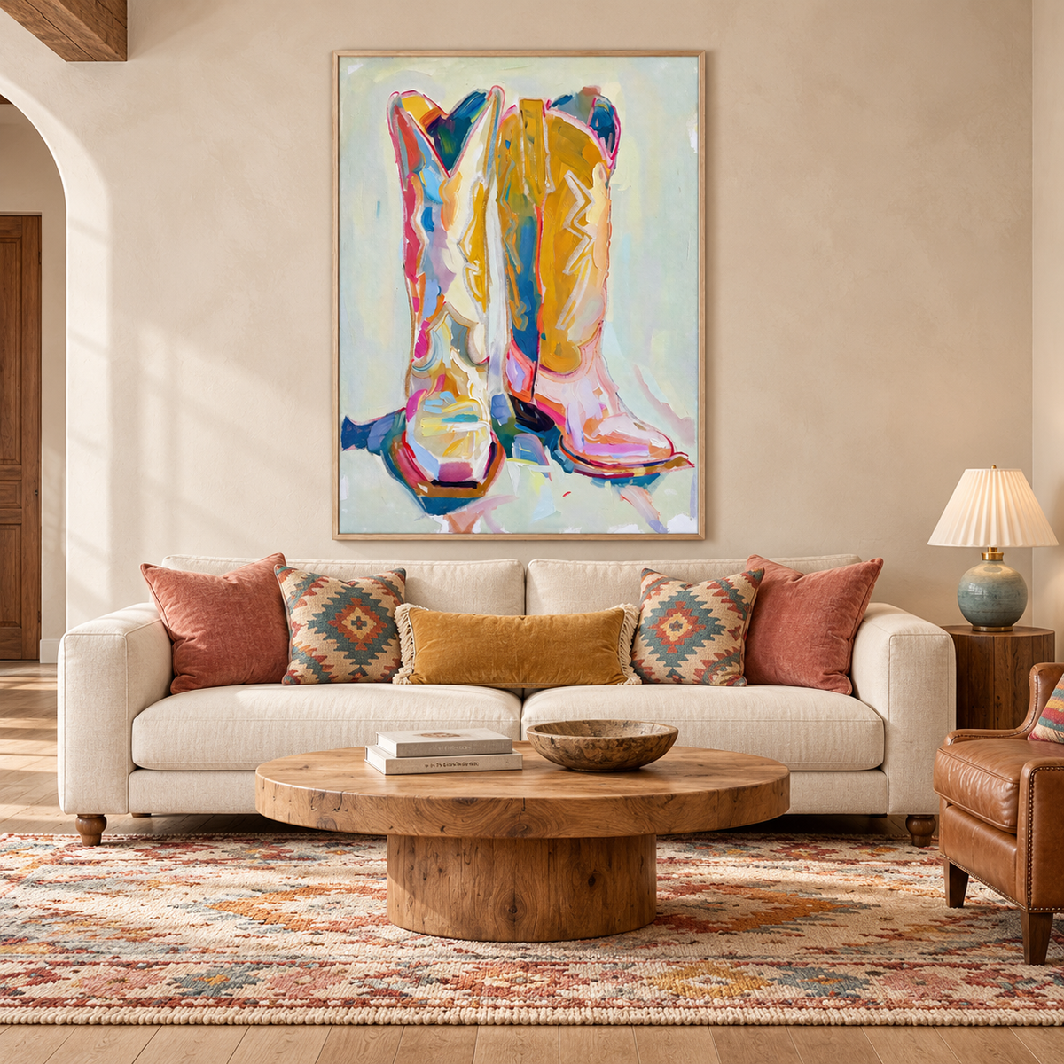 A pair of cowboy boots, one facing forward and one angled to the side, in broad yellow, pink, blue and cream strokes against a pale mint background, in a living room.