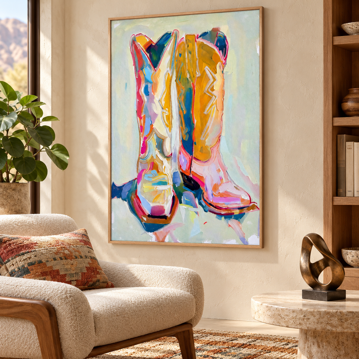 A pair of cowboy boots, one facing forward and one angled to the side, in broad yellow, pink, blue and cream strokes against a pale mint background, shown from an angle in a reading corner.