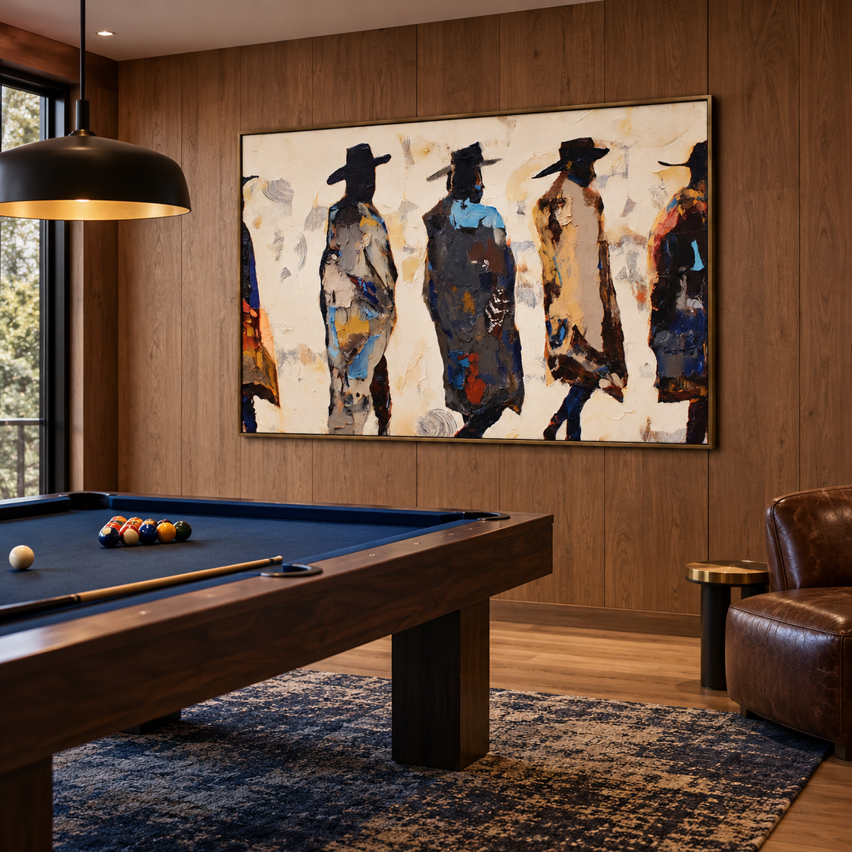 Five cowboy figures are seen from behind in a broad, painterly arrangement, with dark hats and coats against cream, ochre, and deep blue-gray strokes., shown from an angle in a billiards room.