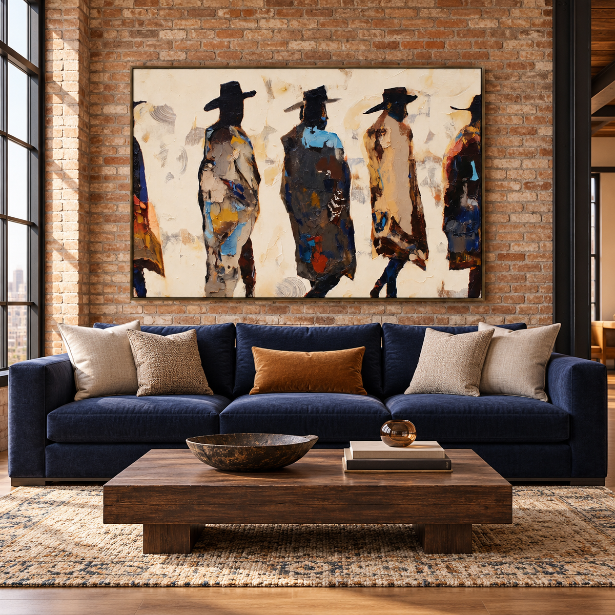 Five cowboy figures are seen from behind in a broad, painterly arrangement, with dark hats and coats against cream, ochre, and deep blue-gray strokes., in a living room.