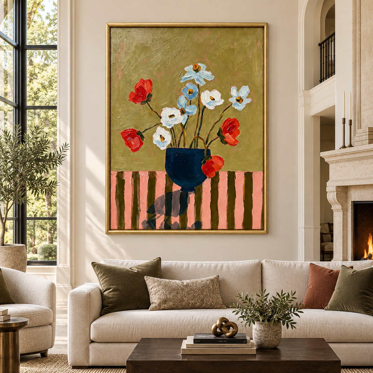 Red, white, and pale blue flowers in a navy vase against an olive background, in a large living room.