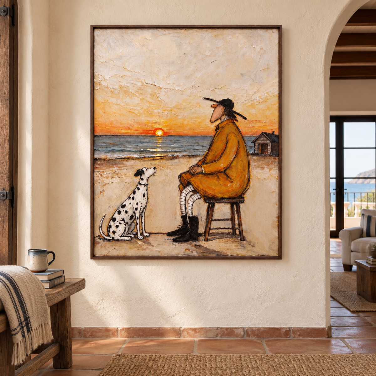 A long-nosed man in an ochre coat seated on a round wooden stool beside a Dalmatian at the beach with an orange sun at the horizon and a small cabin behind him, shown in room setting 1.