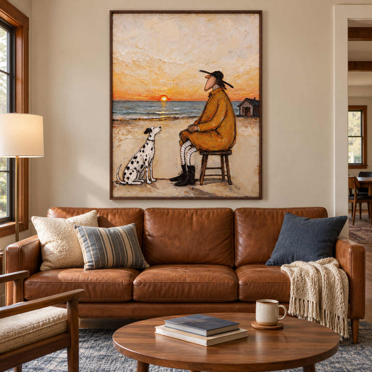 A long-nosed man in an ochre coat seated on a round wooden stool beside a Dalmatian at the beach with an orange sun at the horizon and a small cabin behind him, shown in room setting 2.