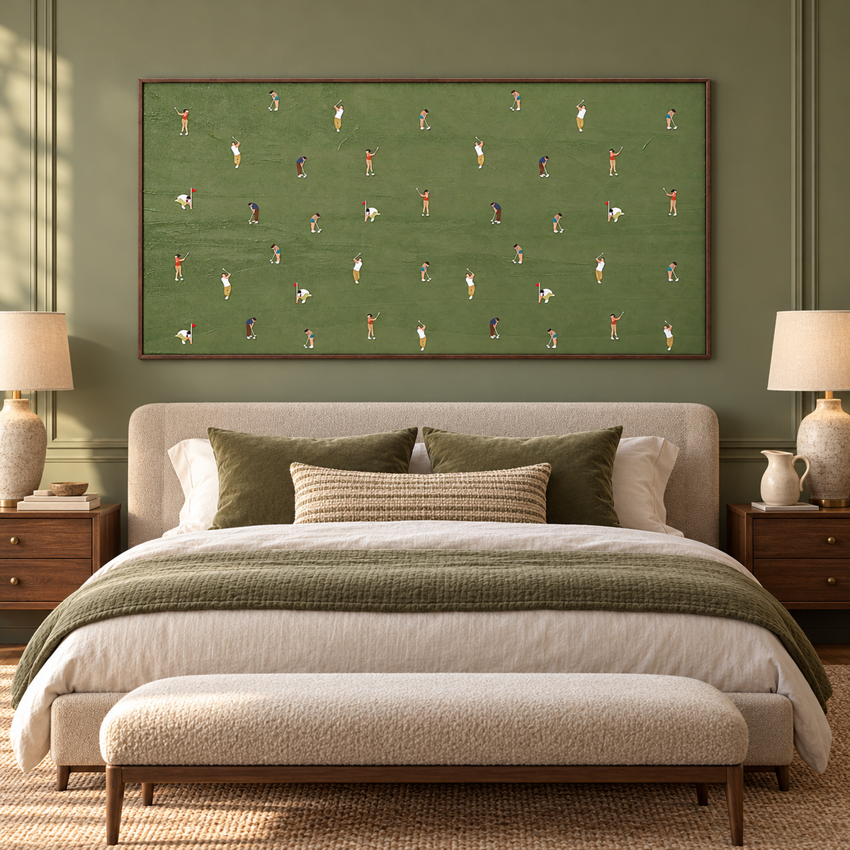 A repeating arrangement of small golfers swinging, putting and crouching beside red flags on a broad olive-green field, in a bedroom.