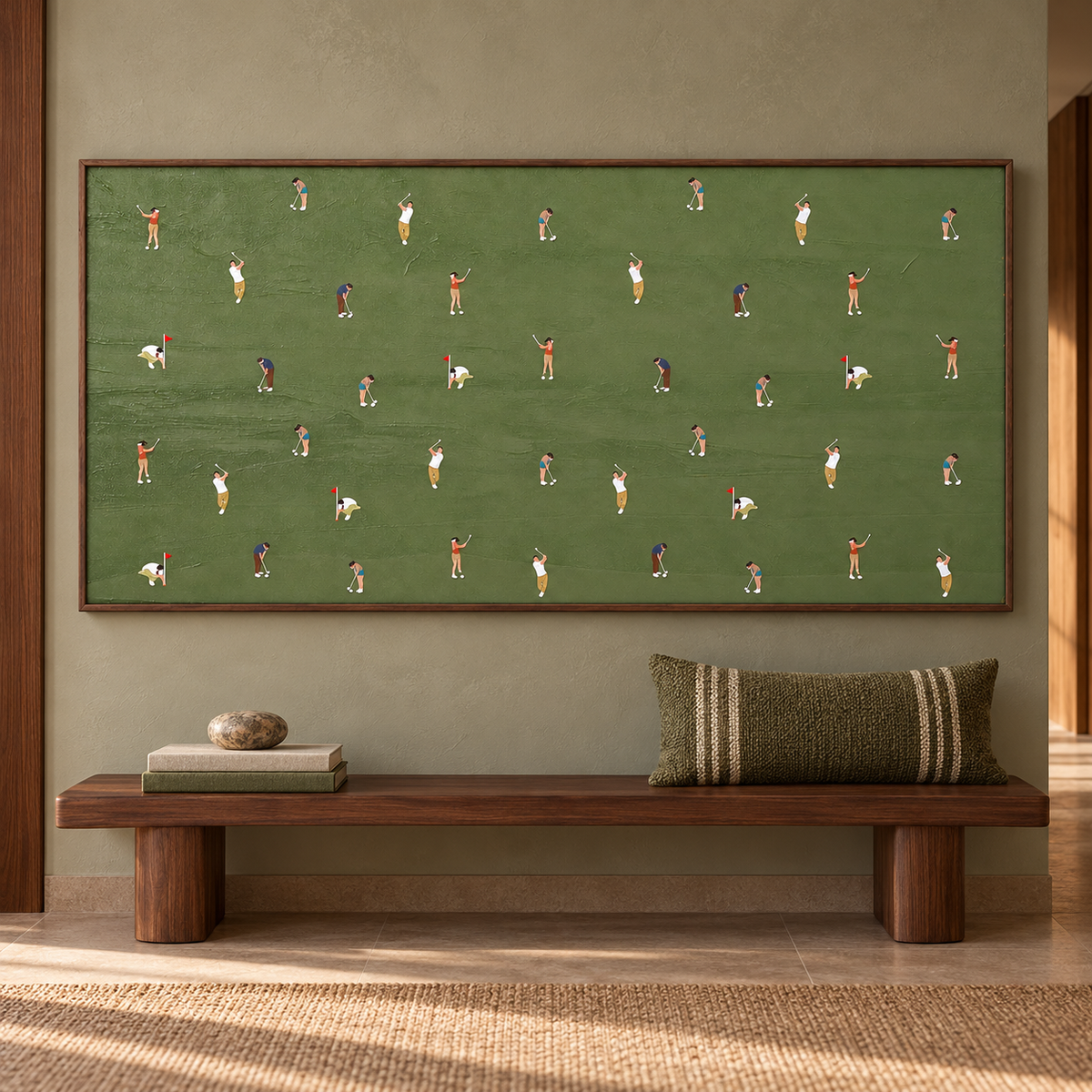 A repeating arrangement of small golfers swinging, putting and crouching beside red flags on a broad olive-green field, in an entryway.