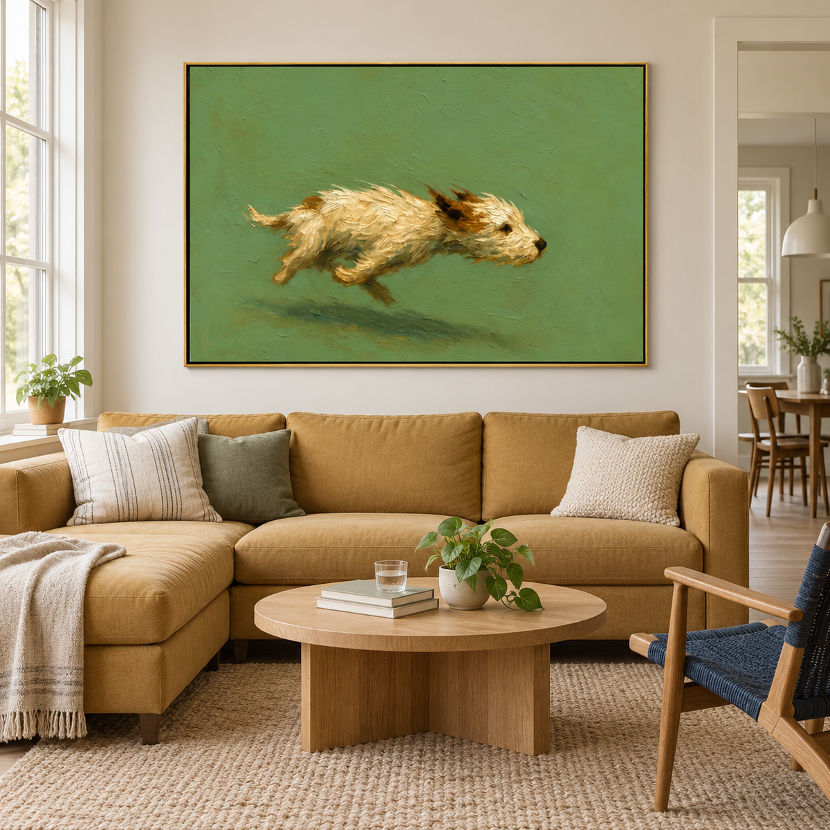 A shaggy cream-colored dog running with all four paws off the ground against a plain green background, shown in room setting 1.