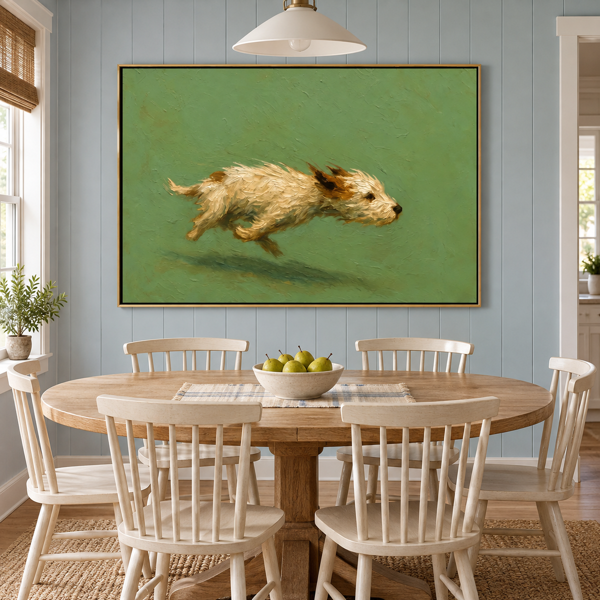 A shaggy cream-colored dog running with all four paws off the ground against a plain green background, shown in room setting 2.