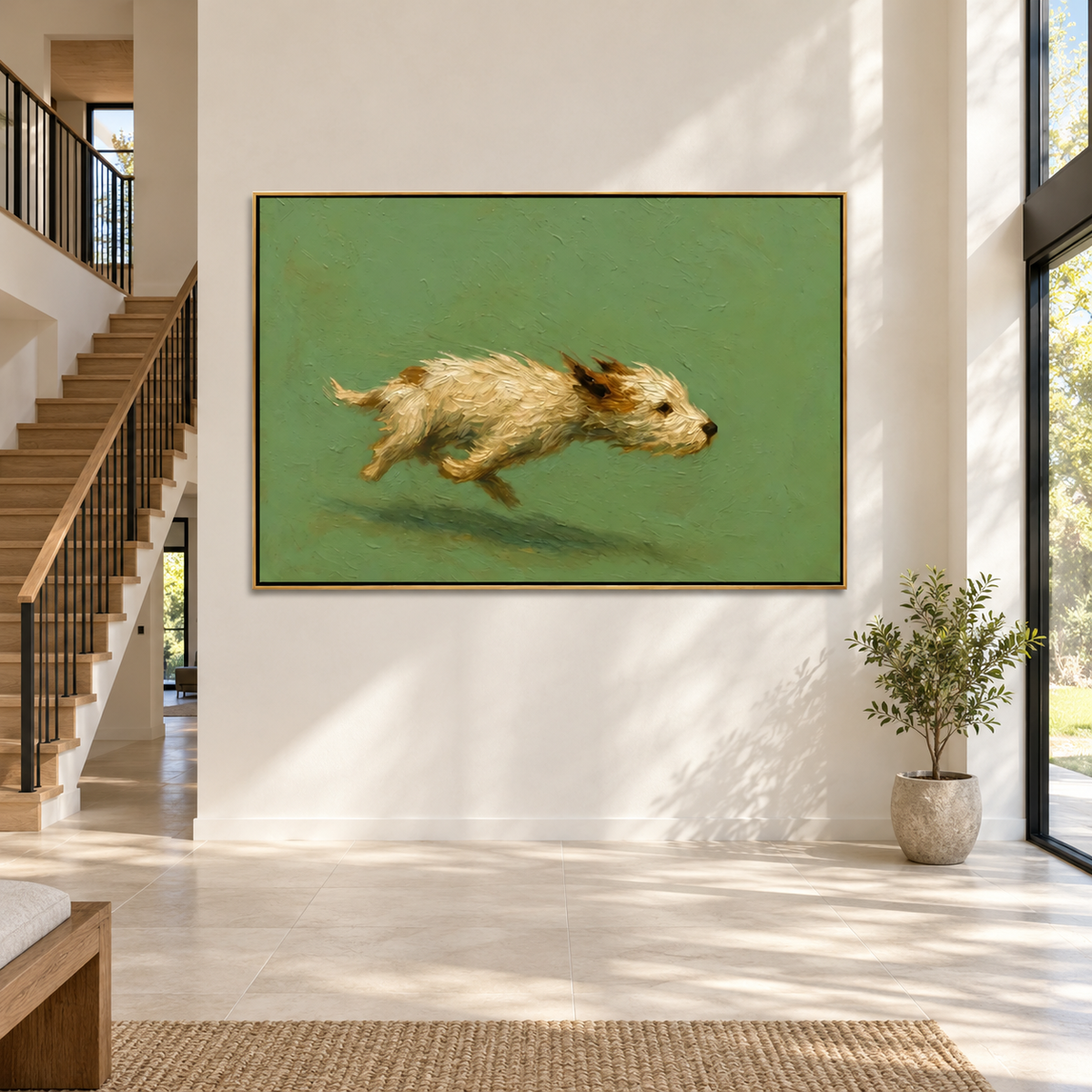 A shaggy cream-colored dog running with all four paws off the ground against a plain green background, shown in room setting 3.