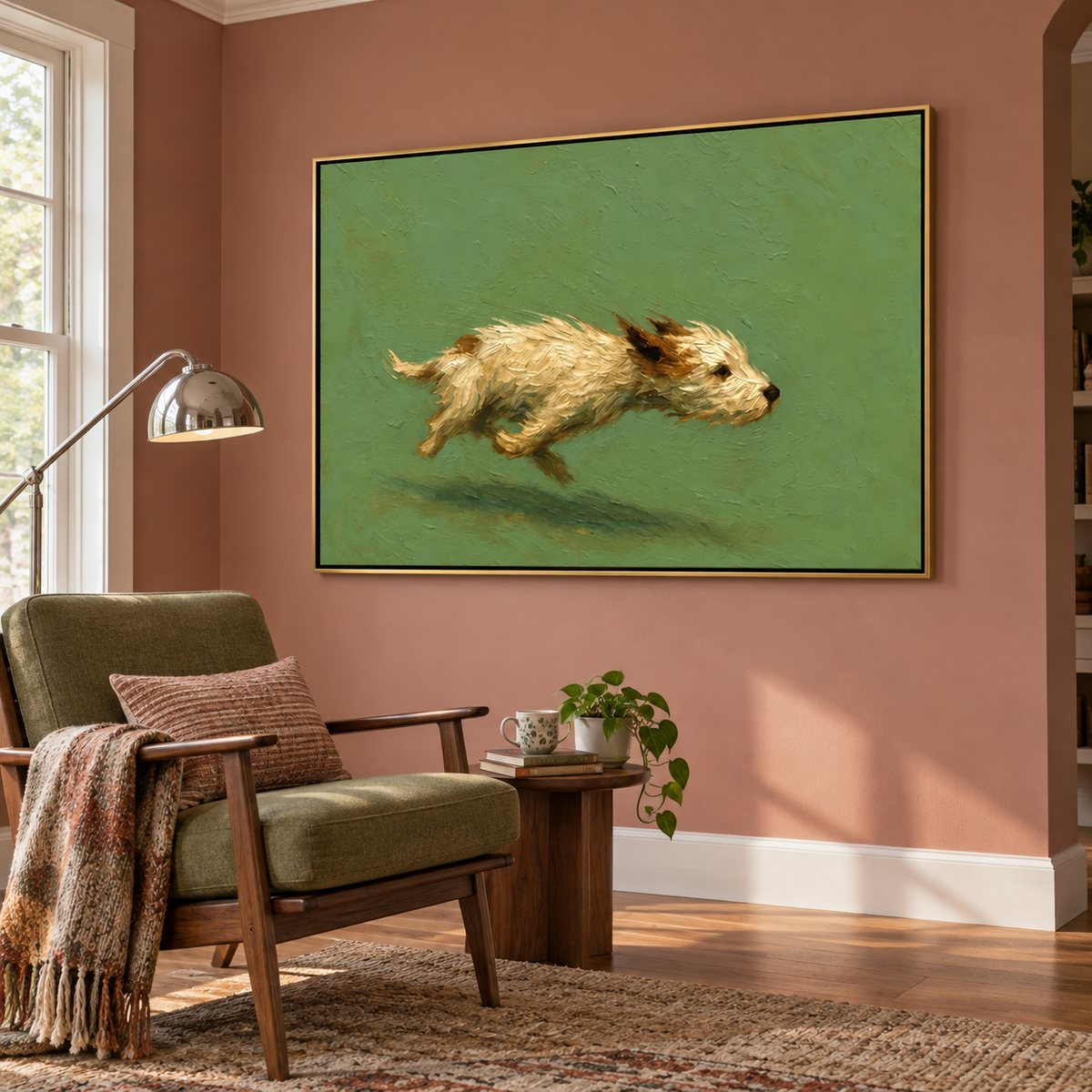 A shaggy cream-colored dog running with all four paws off the ground against a plain green background, shown in room setting 4.