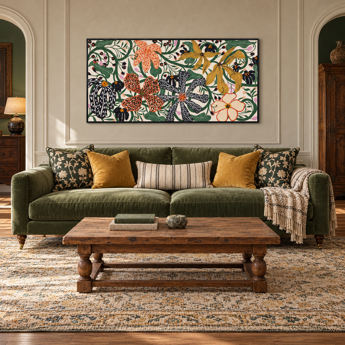 A dense floral pattern with orange and black flowers, mustard-yellow petals and curling green leaves and stems on a cream background, in a living room.