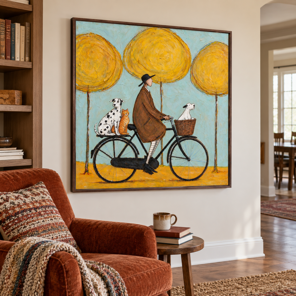 A man in a brown coat riding a black bicycle with a white dog in the front basket and a Dalmatian and orange cat on the rear rack beneath three round yellow trees against pale blue, shown in room setting 4.